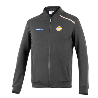 Grey Full-Zip Softshell (front view) — features a smooth, water-repellent grey shell, full-length zip, zippered hand pockets, and Gulf & Sparco logos.